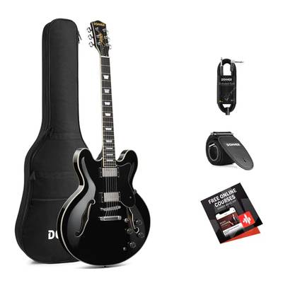 Donner DJP-1000 Black (ブラック) エレキギター セミアコギター コイルタップ搭載 セミホロウボディ ケース付属 ドナー 