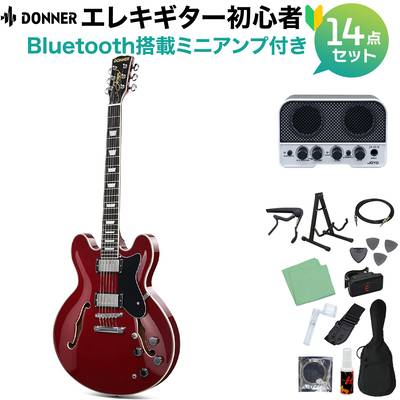 Donner DJP-1000 Burgundy Red エレキギター初心者14点セット【Bluetooth搭載ミニアンプ付き】 セミアコ セミホロウ バーガンディレッド ドナー 