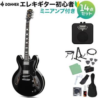 Donner DJP-1000 Black エレキギター初心者14点セット 【ミニアンプ付き】 セミアコ セミホロウ ブラック 黒 ドナー 