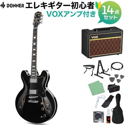 Donner DJP-1000 Black エレキギター初心者14点セット 【VOXアンプ付き】 セミアコ セミホロウ ブラック 黒 ドナー 