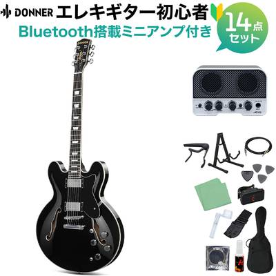 Donner DJP-1000 Black エレキギター初心者14点セット【Bluetooth搭載ミニアンプ付き】 セミアコ セミホロウ ブラック 黒 ドナー 