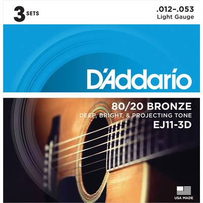 D'Addario EJ11-3D 80/20ブロンズ 12-53 ライト 3セット ダダリオ アコースティックギター弦 お買い得な3パック