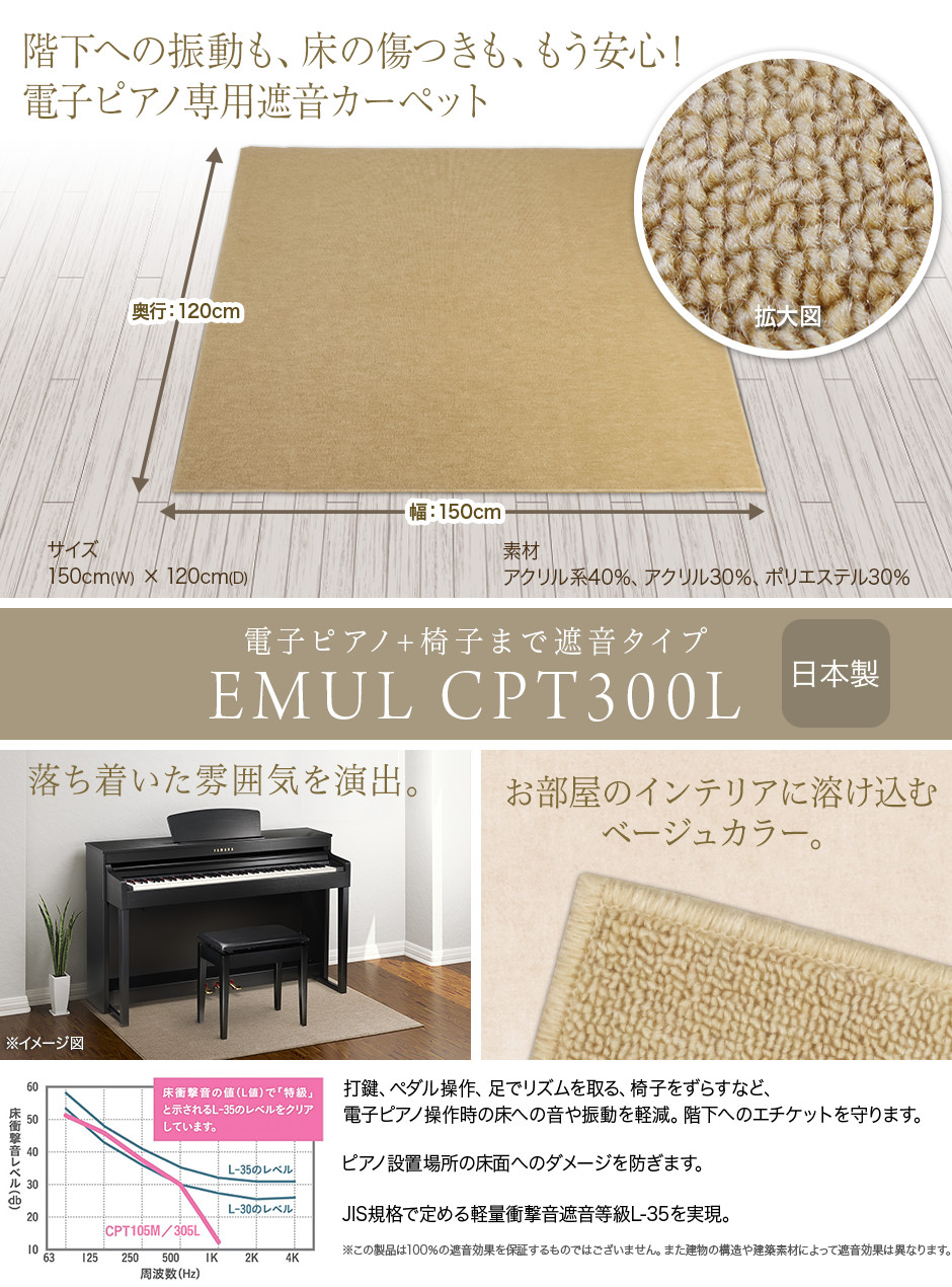 EMUL CPT300L 電子ピアノ用 防音 マット ベージュカラー 【エミュール 
