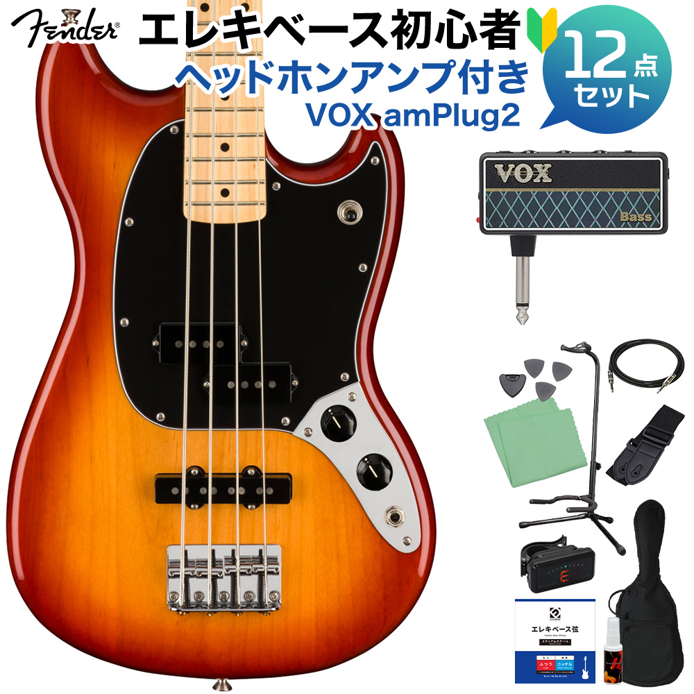 Fender Player Mustang Bass PJ Maple Fingerboard Sienna Sunburst ベース 初心者12点セット 【amPlug付】 ムスタングベース PJピックアップタイプ 【フェンダー】