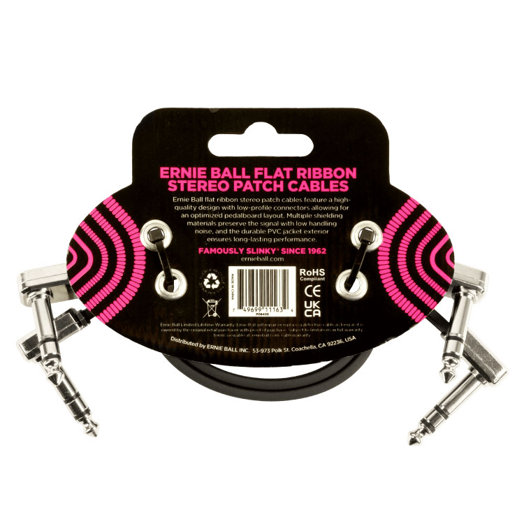 ERNIE Ball #6405 12 Flat Ribbon Stereo Patch Cable 2-Pack - Black