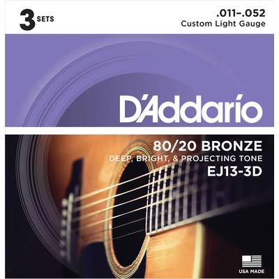 D'Addario EJ13-3D 80/20ブロンズ 11-52 カスタムライト 3セット 【ダダリオ アコースティックギター弦 お買い得な3パック】